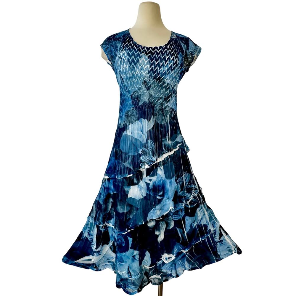 Komarov Charmeuse Crinkle Midi Dress Midnight Magnolia Blue | Size S